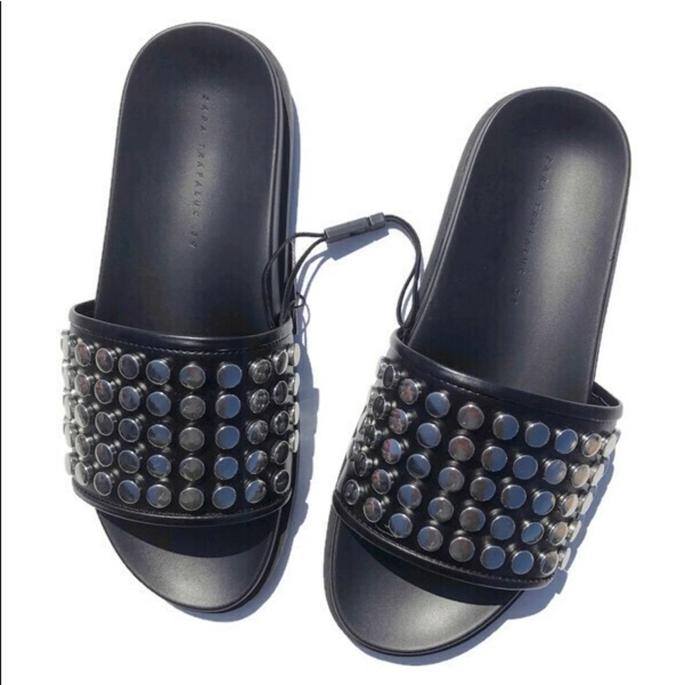 NWT Zara Black Studded Sandals Pool Slides 8